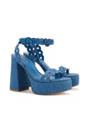 New Larroude Dolly Broderie Sandal In Blue Stoned Denim Sz 9.5